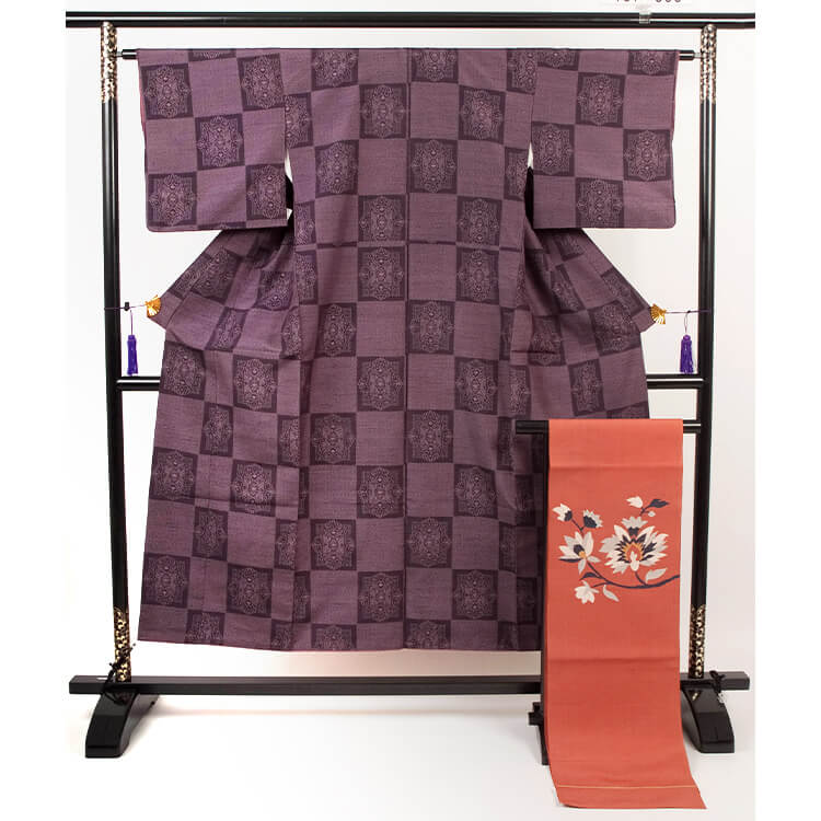 紫色塩沢調紬と赤茶色帯　紬、名古屋帯セット