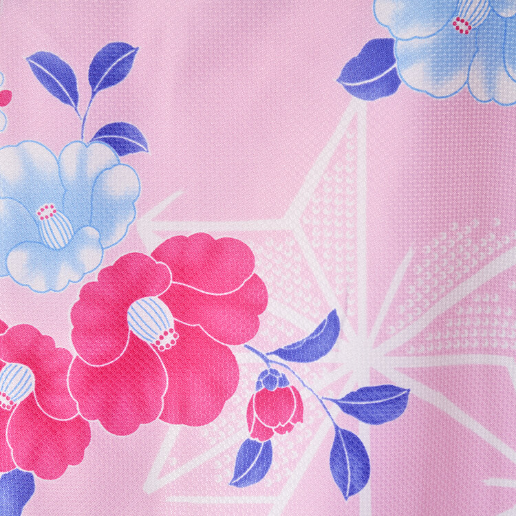 キュート&ポップ　ピンク色に麻の葉と椿の小紋　洗える着物
