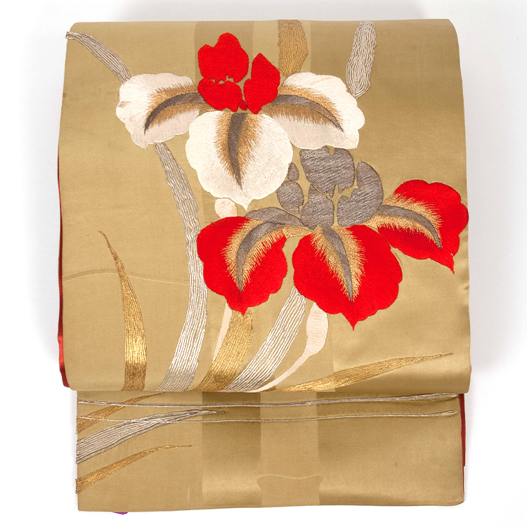 緞子織り竹地紋 アヤメ刺繍袋帯